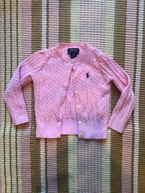 Ralph Lauren Pink Cable-Knit Kids Cardigan with Polo Logo